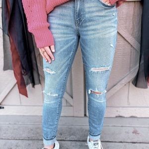 KanCan High Rise Skinny Jeans Med Blue Wash Front Distressing